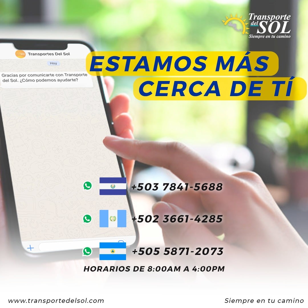 TransporteDelS1's tweet photo. ¡Escríbenos a nuestros WhatsApp y consulta todas tus dudas!📲🌞
.
.
Estamos a tus órdenes. 😁👩‍💻
Estamos contigo, antes, durante y después de tu viaje.

#DelSol #Transportedelsol #DelSolTeCuida #Nicaragua #Guatemala #ElSalvador #CentroAmérica https://t.co/2lgWehpZJ2