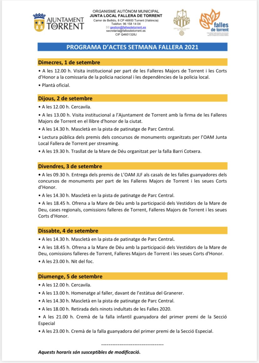 fallesdeTorrent's tweet image. 📌Programa d’actes Setmana Fallera 2021
#fallesdetorrent #aramésquemai #falles2021
