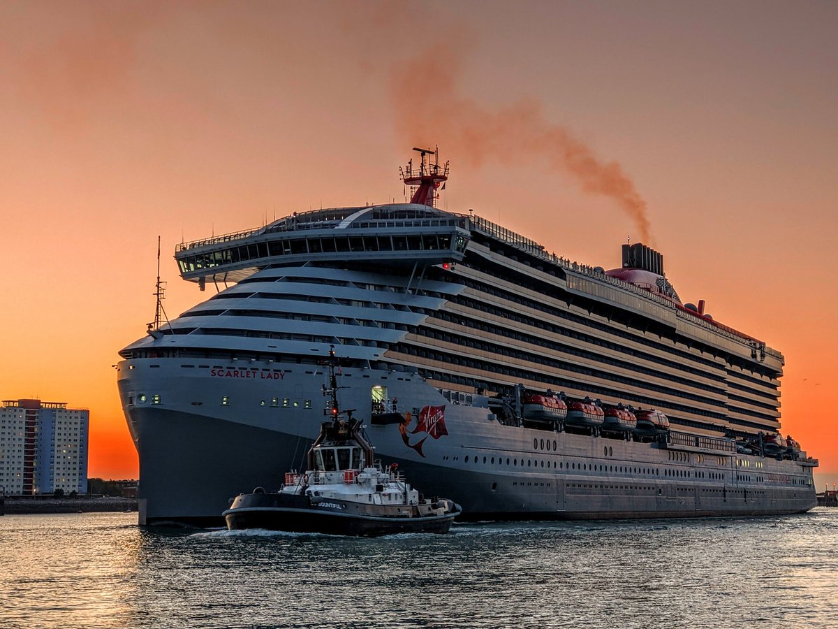 CruiseCapital's tweet photo. A scarlet sky for @VirginVoyages #ScarletLady departing from @PortsmouthPort this evening on one of her final few Summer Soirées #cruiseship #portsmouth #virginvoyages https://t.co/SHk4x9ZqlK