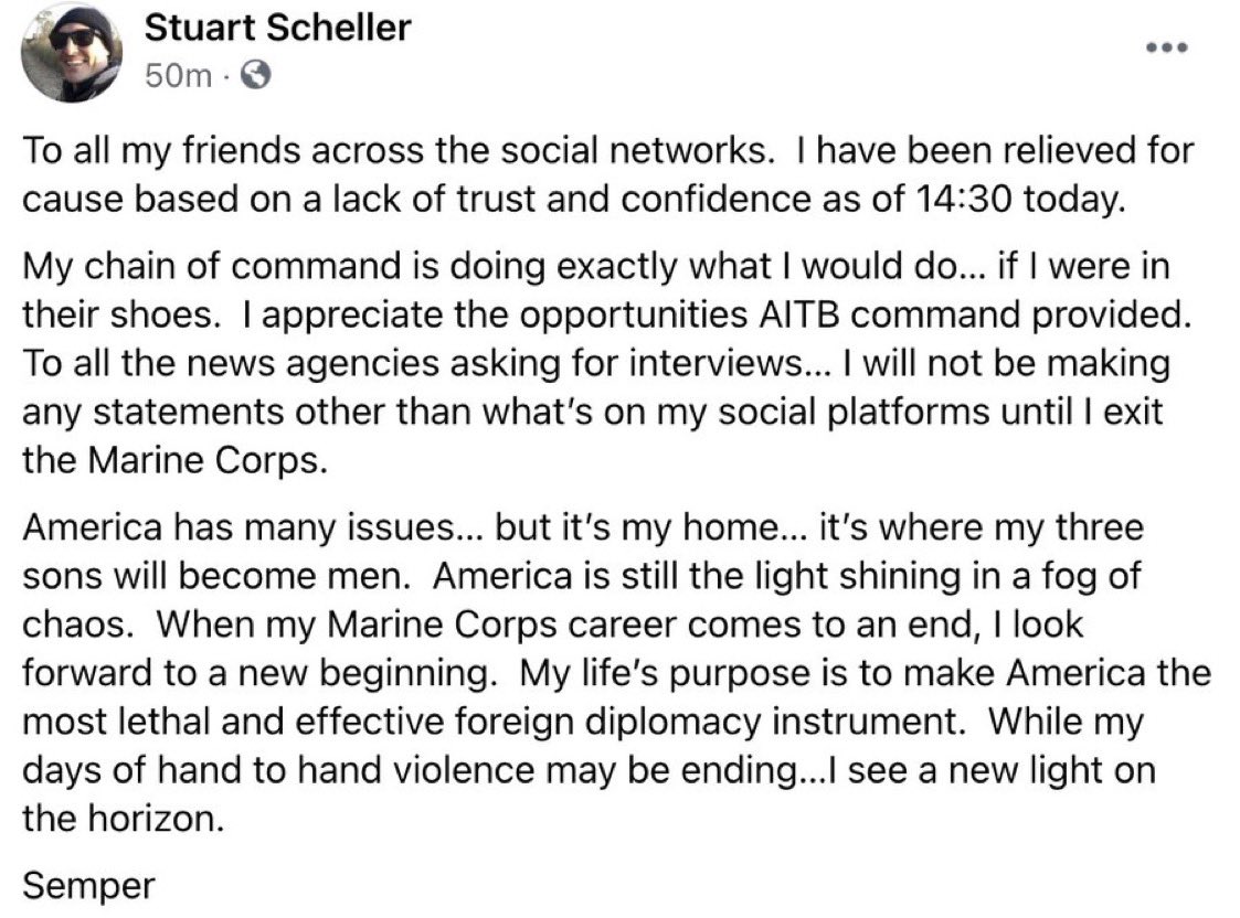 Effectively the first resignation — from a Marine who knew he could be fired and spoke out against the military leadership anyway.