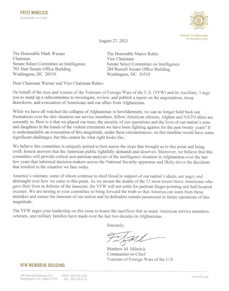 VFWHQ's tweet photo. Today, VFW National Commander Fritz Mihelcic sent the following letter to Senators Warner and Rubio of the Senate Select Committee on Intelligence pushing for a formal Senate investigation into the Afghanistan withdraw. 

https://t.co/2AKI0zLBBb https://t.co/6NfsozYdki