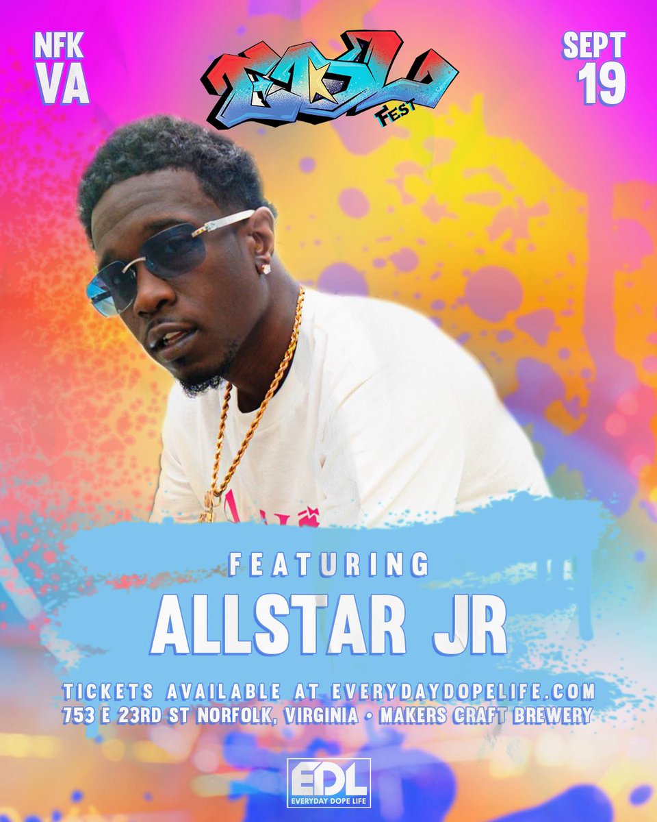 EDLFest757's tweet photo. 🗣 JUST ADDED

#AllStarJR said he wanted in on some of that @EDLFest757 hype! Catch him, @miababyface @youngcrazy110 @al_doms &amp; a handful of our 757 creative talent September 19th at the 3rd annual #EDLFEST.

Getting close! Ticket Link in bio. See you soon! 🎡🎨🎶🎟🖖🏾✨ https://t.co/Tqz0sUFbPP
