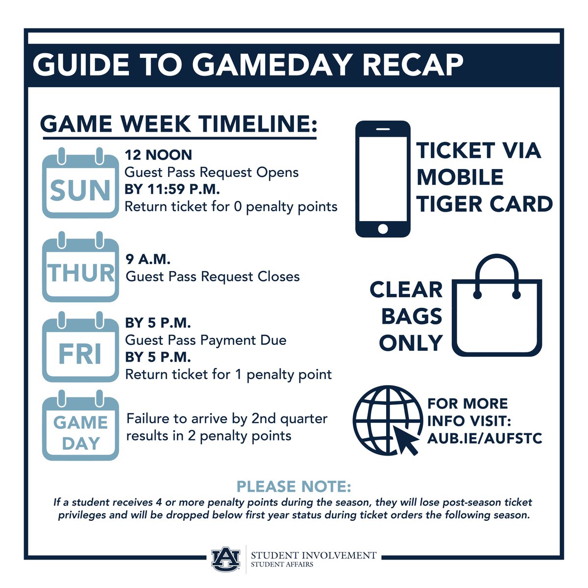 AUinvolve's tweet photo. It's almost time to kick-off football season! 🏈 Who's ready for some @AuburnFootball? ➡️ Swipe to see some updates for students this season with the 2021 Guide to Gameday! https://t.co/6S0gWYMLQl