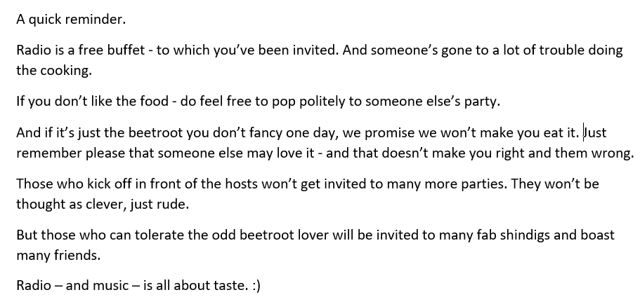 Radio, music. And beetroot.