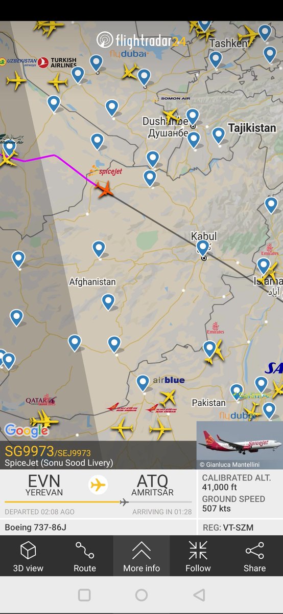 VDumbani2's tweet photo. @shukla_tarun is Afganista airspace again open? Can see a spicejet here. https://t.co/Ucck4yd3Yr