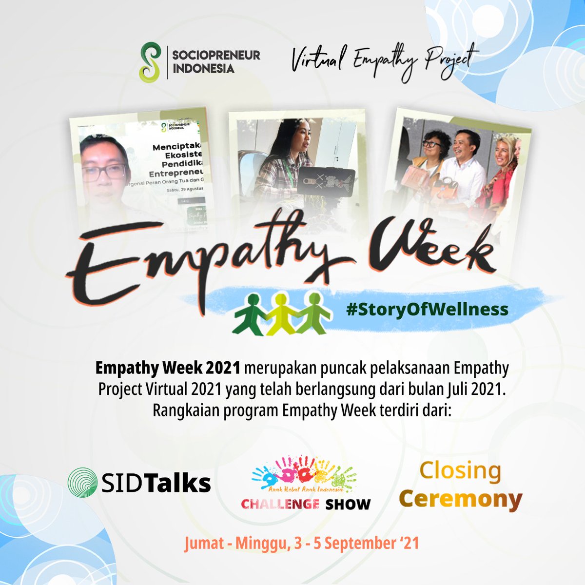 IDsociopreneur's tweet photo. #StoryOfWellness di Empathy Week 2021
Tidak terasa rangkaian Empathy Project Virtual yang telah berlangsung dari bulan Juli 2021 telah mencapai puncaknya di Empathy Week 2021 ini!
#StoryOfWellness
#EmpathyProject2021 #EmpathyProject https://t.co/aScP8MDzq5