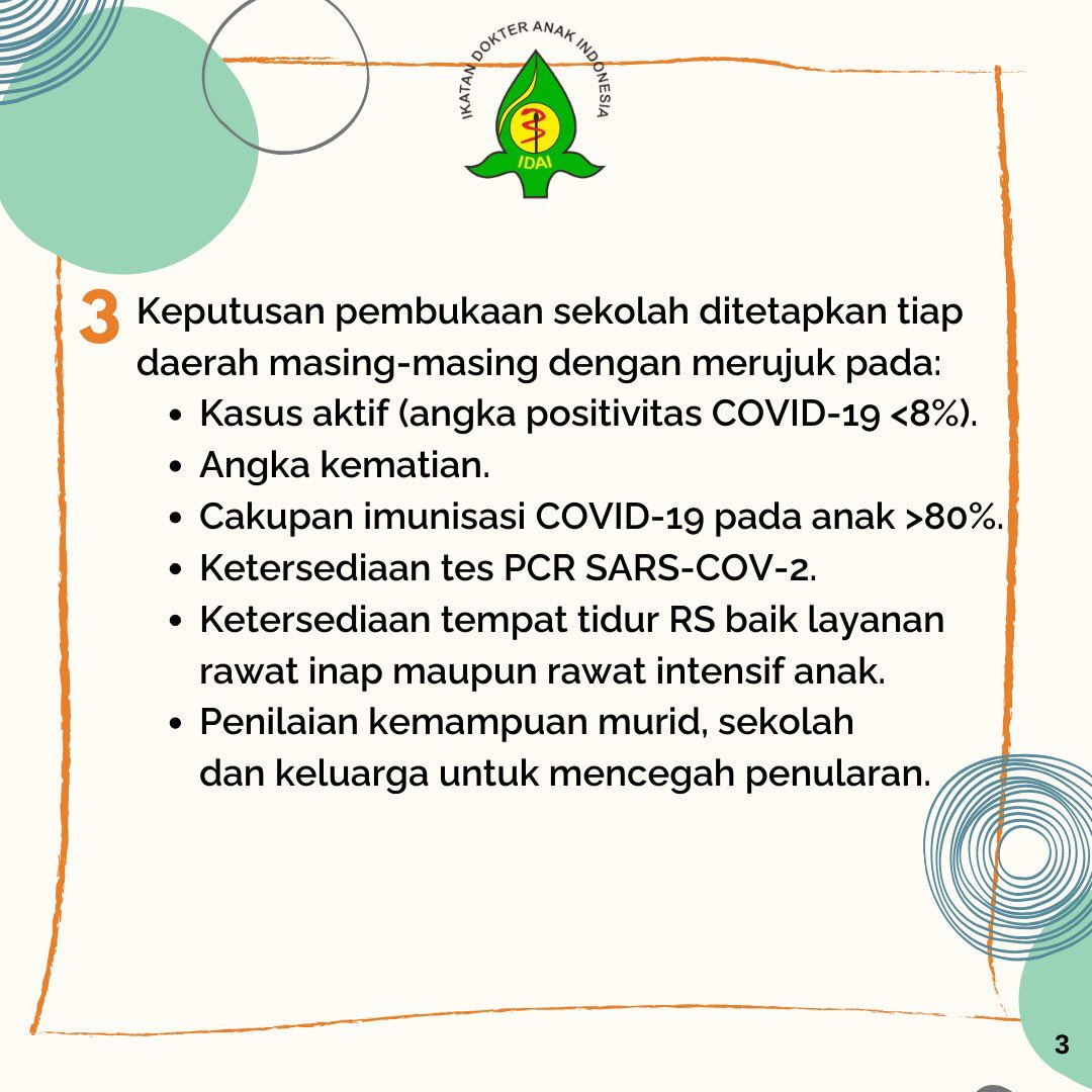idai_tweets's tweet photo. Simak Pandangan Ikatan Dokter Anak Indonesia terkait Pembukaan Sekolah (Pemutakhiran Agustus 2021). Unduh naskah lengkap melalui tautan berikut: https://t.co/YKSfn3xQNZ
(1)
#COVID19
#PandanganIDAI
#IDAIStatement
#PembukaanSekolah https://t.co/W9F76iTIBx