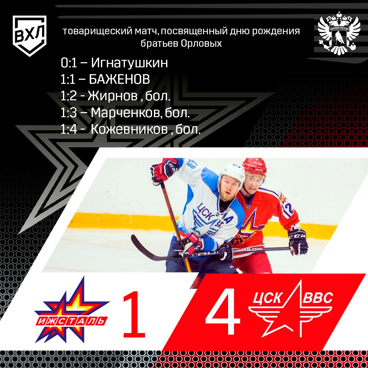 Товарищеский матч

«Ижсталь» (Ижевск) – ЦСК ВВС (Самара) – 1:4 (1:1, 0:1, 0:1)
27.08.2021. Ижевск. 
ГОЛЫ: 0:1 – Игнатушкин (Хорошев, Воробьев, 12.52),
1:1 – Баженов (13.07),
1:2 – Жирнов ( 26.19, бол.),
1:3 – Марченков (46.36, бол.),
1:4 – Кожевников (48.26, бол.)