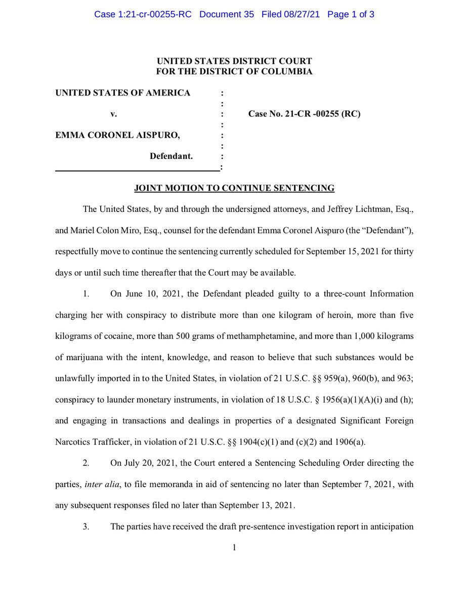 Update on Emma Coronel Aispuro, wife of El Chapo…
Her attorneys and fed prosecutors just asked the judge to delay her sentencing by 30 days