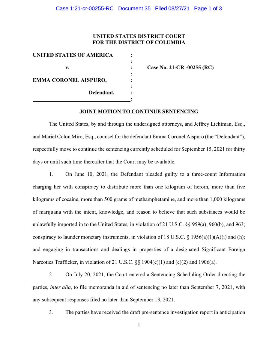 Update on Emma Coronel Aispuro, wife of El Chapo…

Her attorneys and fed prosecutors just asked the judge to delay her sentencing by 30 days 