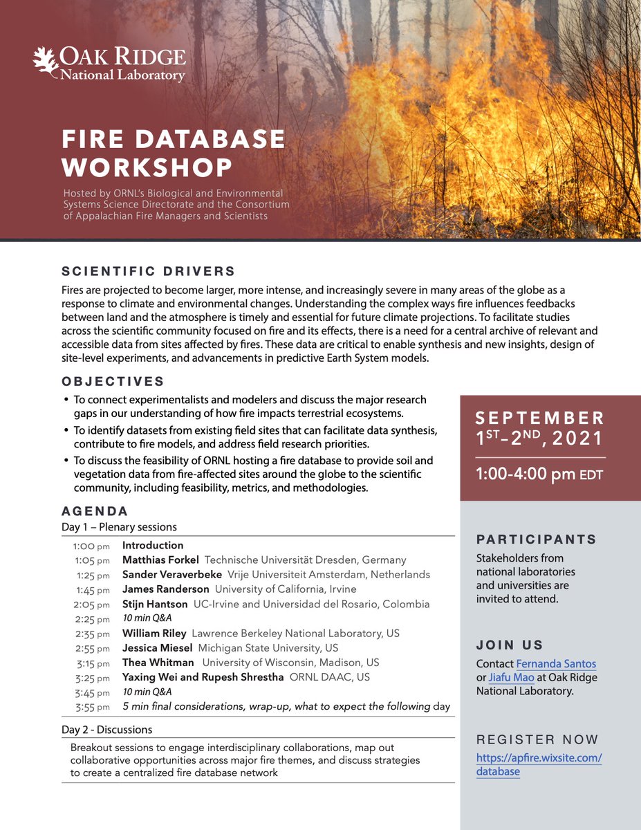 FernandaSoils's tweet photo. In this event, @JiafuM, @ORNLBio_Env and I are partnering with @APfirescience to deliver an exciting workshop next week. Join us for Day 1 (talks) and/or Day 2 (discussions) #firenetwork #firedatabase #Ineeddata #letstalkaboutfire https://t.co/3cTamAslBQ