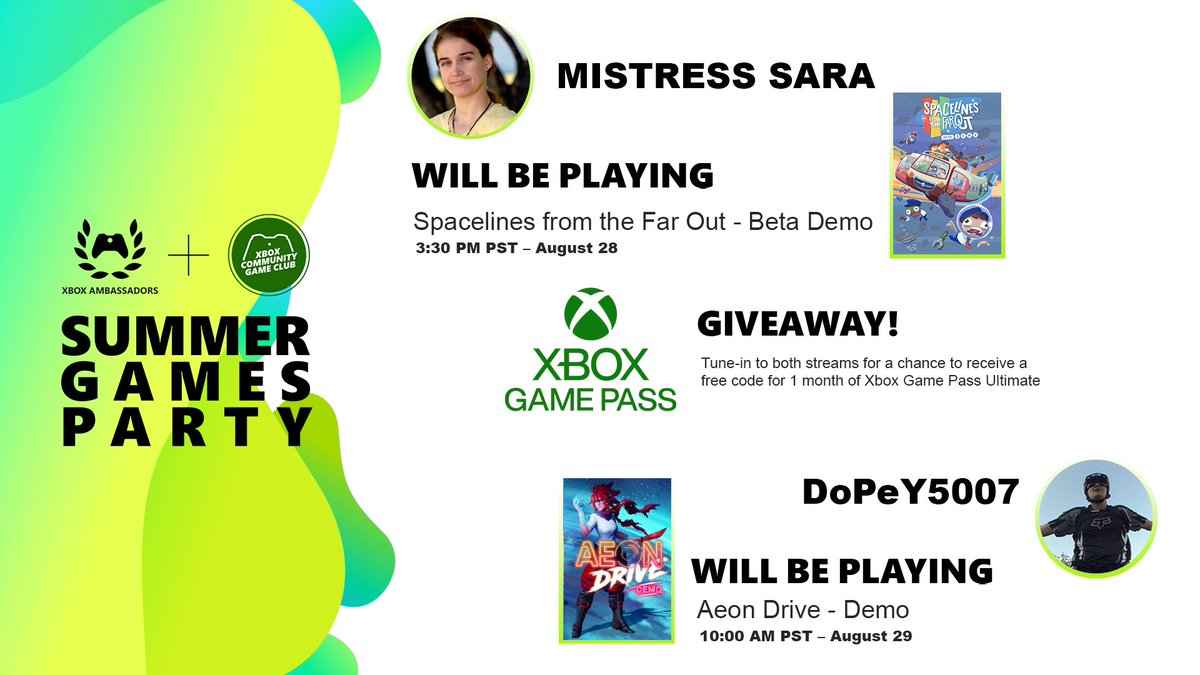 Hello to the weekend and hello to more special guests on our Twitch channel! Don't miss out as we feature Spacelines from the Far Out tomorrow at 3:30pm PT and Aeon Drive on Sunday at 10:00am PT at twitch.tv/xboxambassadors! Don't miss out! #SummerGamesParty #XboxAmbassadors