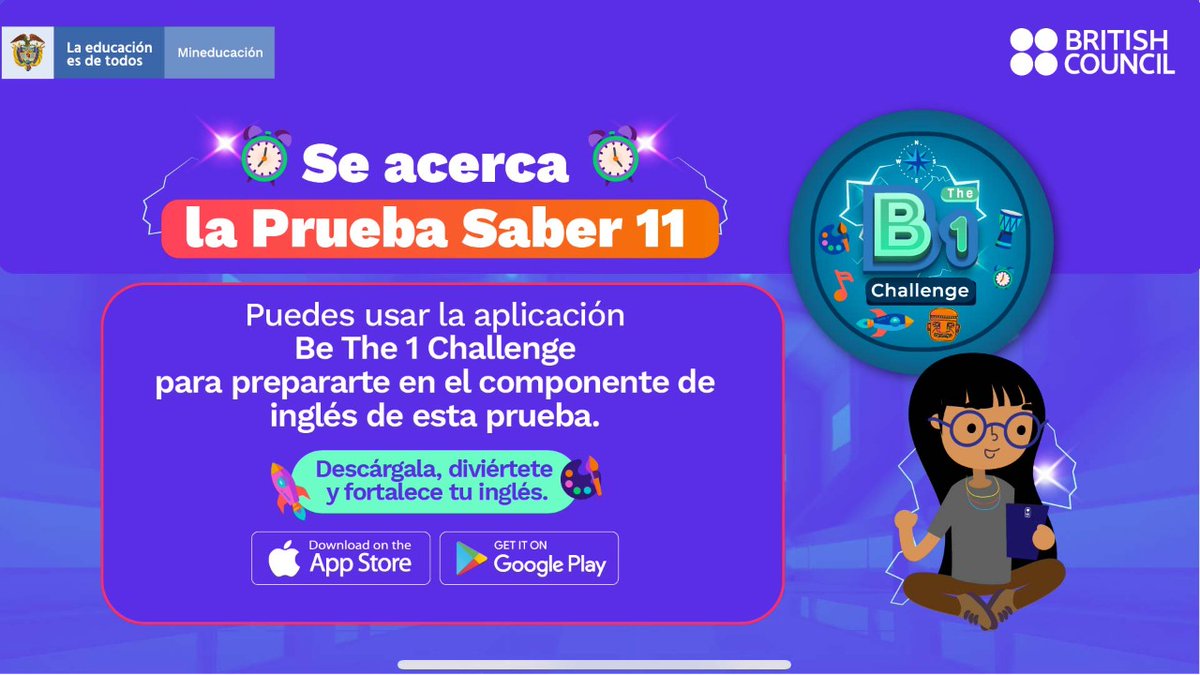 Mineducacion's tweet photo. Si eres estudiante de colegios oficiales o privados prepárate para la Prueba Saber de Inglés de Grado 11 📣 ¡Actualiza o descarga #BeThe1Challenge en su versión 2.0.1! Mayor información en: https://t.co/SIF1U4cJ1g https://t.co/hYOrOxcElq