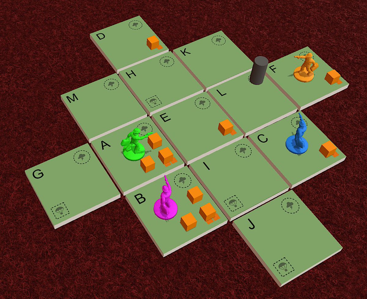 Making a new Mini Royale prototype on Tabletop Simulator. New map is slightly bigger, composed of square tiles with a letter, and spaces to show which ones get initial loot, which get airdrops and where the storm token goes in each one.