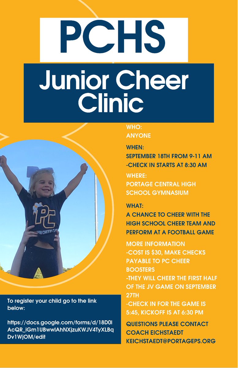 CheerPC's tweet photo. PCHS Junior Cheer Clinic💛💙💛💙 Clinic is September 18th. You can register at https://t.co/VRYj68pbm9. Tell your friends💙💛💙💛 https://t.co/MJ4YXDjYYS
