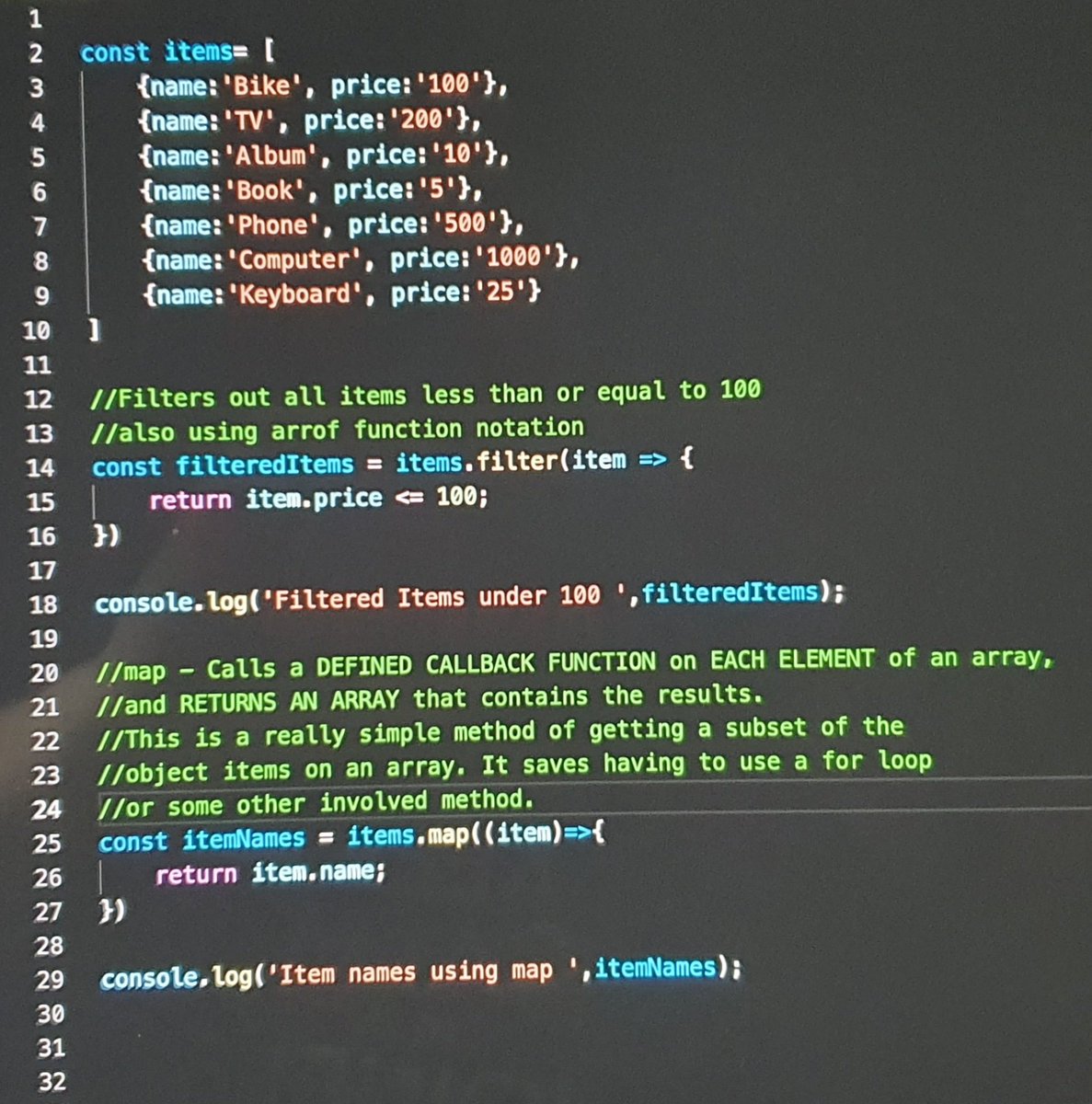 do_coder's tweet image. Day 2 of #100DaysOfCode 27th Aug 2021.
Today I learned about arrow function syntax and the basics of arrays and a couple of methods of filtering the items of the array. I was  using the filter method and the map method. See photos of my code and the console results.
#LearnToCode