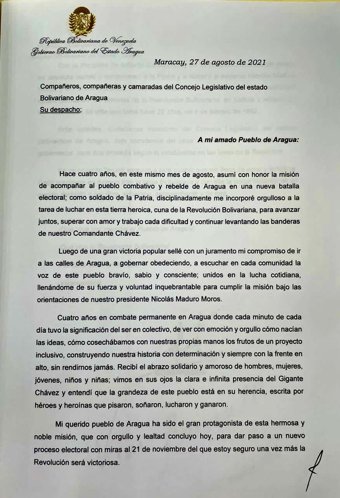 Gobernador del estado Aragua renunció por esta razón
