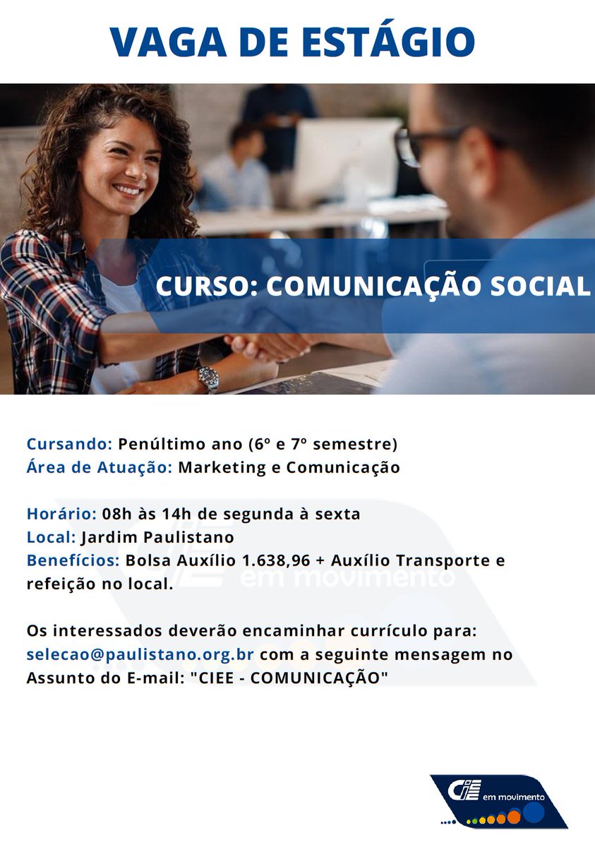 estagiospucsp's tweet photo. Estágio em Comunicação 

Os interessados deverão encaminhar currículo para:
selecao@paulistano.org.br com a seguinte mensagem no Assunto do E-mail: "CIEE - COMUNICAÇÃO" https://t.co/jwf6vxBsWK