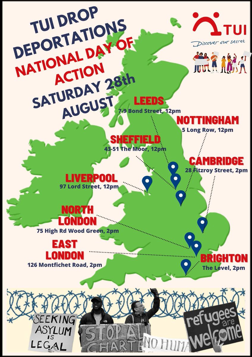 sdetsup's tweet photo. TODAY IS THE DAY OF ACTION AGAINST @TUIUK !
We need you to join us in demanding that TUI stop flying deportations for the Home Office. 
Find your closest action below! 
 #TUIDropDeportations #StopDeportations https://t.co/aHMxVrOIeA