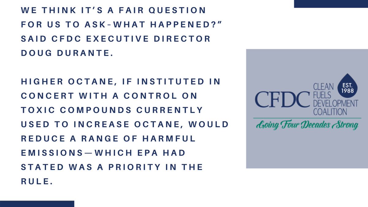 In testimony to the <a href="/EPA/">U.S. EPA</a> on the new fuel economy rules, the Clean Fuels Development Coalition challenged the omission of any mention of clean #octane even though they had previously acknowledged the relevance to fuel economy and reduced emissions. bit.ly/3mBuiLu
