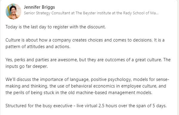 J_B_Briggs's tweet photo. Today is the last day to register and receive a discount with @beyster.
(if you can't get your registration in, ping me and I'll help you out)
https://t.co/4JHzGBnqDv
https://t.co/HLBJq3IoyC
#CorporateCulture #CriticalThinking #ImproveDecisionMaking #IntegratedImpact https://t.co/VU1jBzcT1N