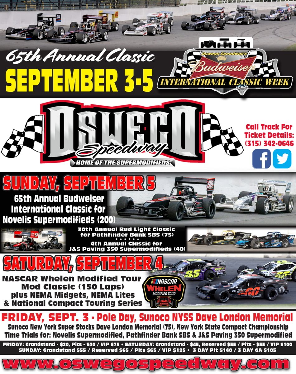 OswegoSpeedway's tweet photo. 🚨LIKE and RT to Enter to WIN Classic Tickets🚨

It's hard to believe, but Budweiser Classic Week 65 is nearly upon us - with 'Pole Day' now just a week away! 🍻🏁

#SteelPalace | #Supermodifieds | #BudClassicWeek65 https://t.co/cPO8Io5MUp