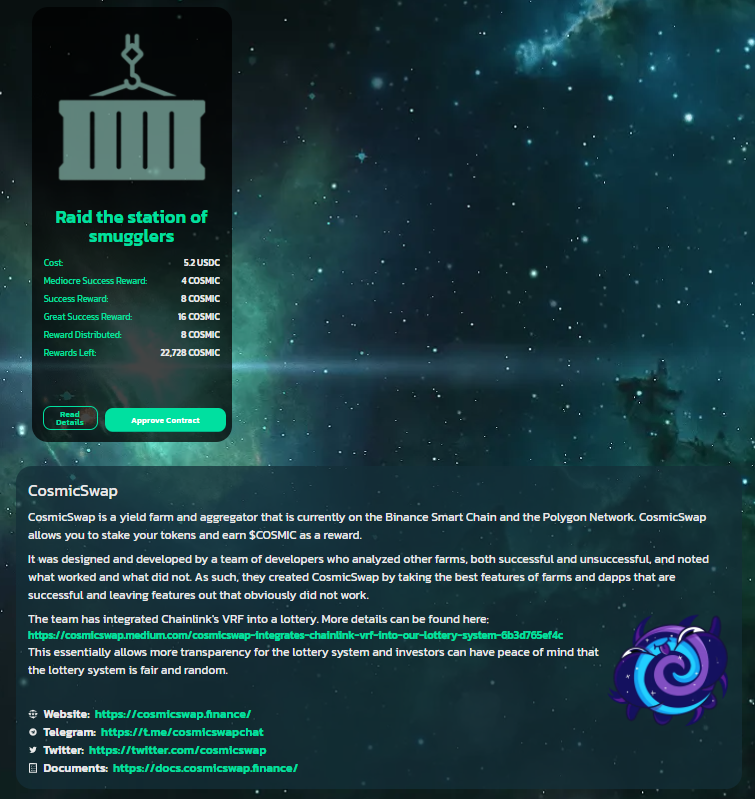 0xNoxAeris's tweet image. New Polygalactic Hunter Mission!

Cosmicswap is looking for hunters to solve problems!

⏰Cooldown: 5 min.
💰Profit ratio: 15%
💲Rewards: 25k
#CosmicSwap #PlayToEarn #YieldFarming #DeFi