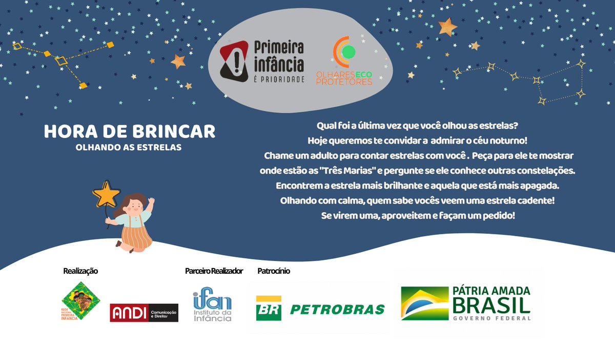 Chegou a noite e quem é que aparece no céu? A lua e as estrelas! Que tal aproveitar esse momento para propor às crianças uma atividade pouco comum nos dias de hoje? 
#ifan #institutodainfancia <a href="/petrobras/">Petrobras</a> #ProgramaPetrobrasSocioambiental
#ProjetoPrimeiraInfanciaePrioridade