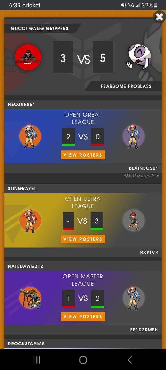 Week 2 of this cycle is off to a good start against Gucci Gang Grippers with a huge 3-0 from @rvptxr , @1jgs3 winning 2-1, and @BlaineOSU with a tough 0-2 loss to his alarm clock