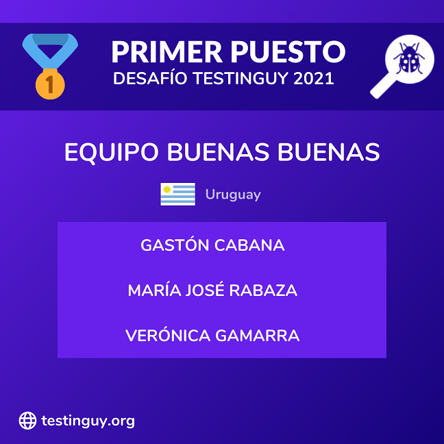 testingUY's tweet photo. ¡Felicitaciones al equipo Buenas Buenas! ¡Ganadores del Desafío #TestingUy! 🏆🇺🇾🌎🙌

#testing #softwaretesting #testingconference https://t.co/hDPn9OXbGT