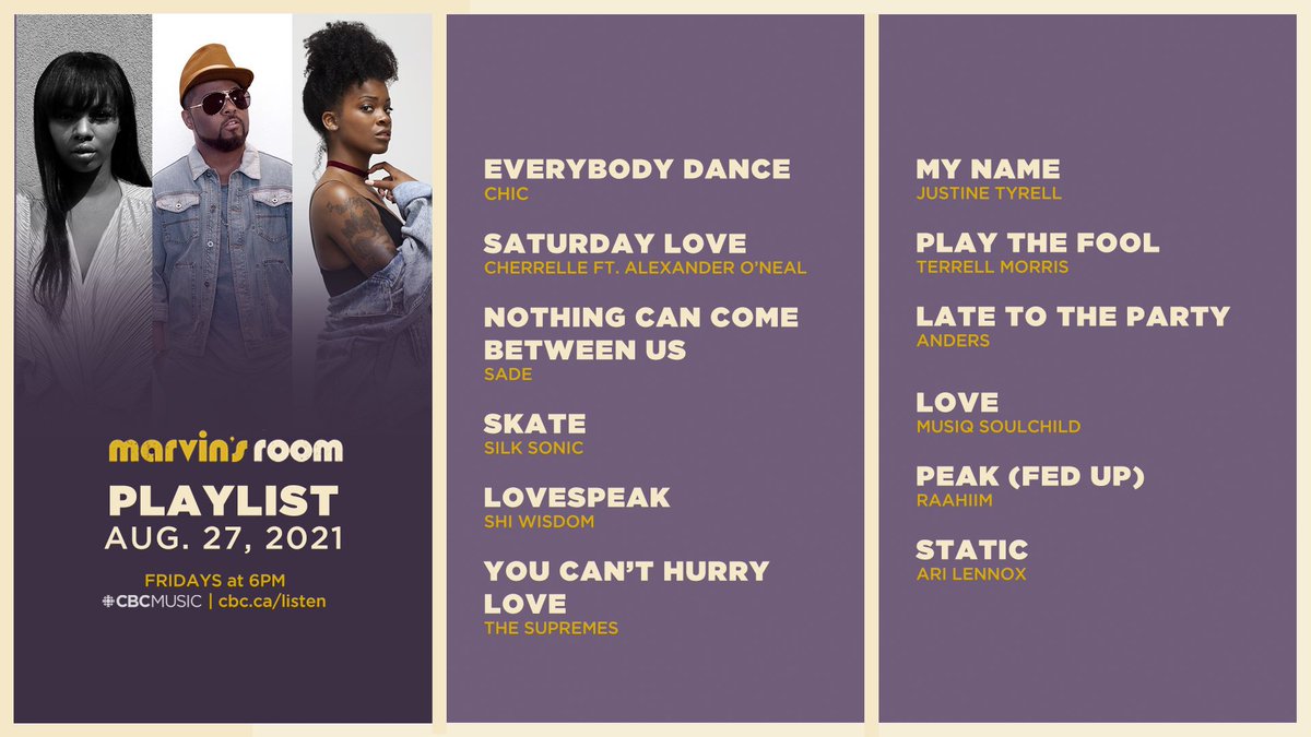 Here’s the playlist for this week’s episode!

Download the CBC Listen app to hear this and other old school, new school, Canadian, and international R&amp;B. 🎶
