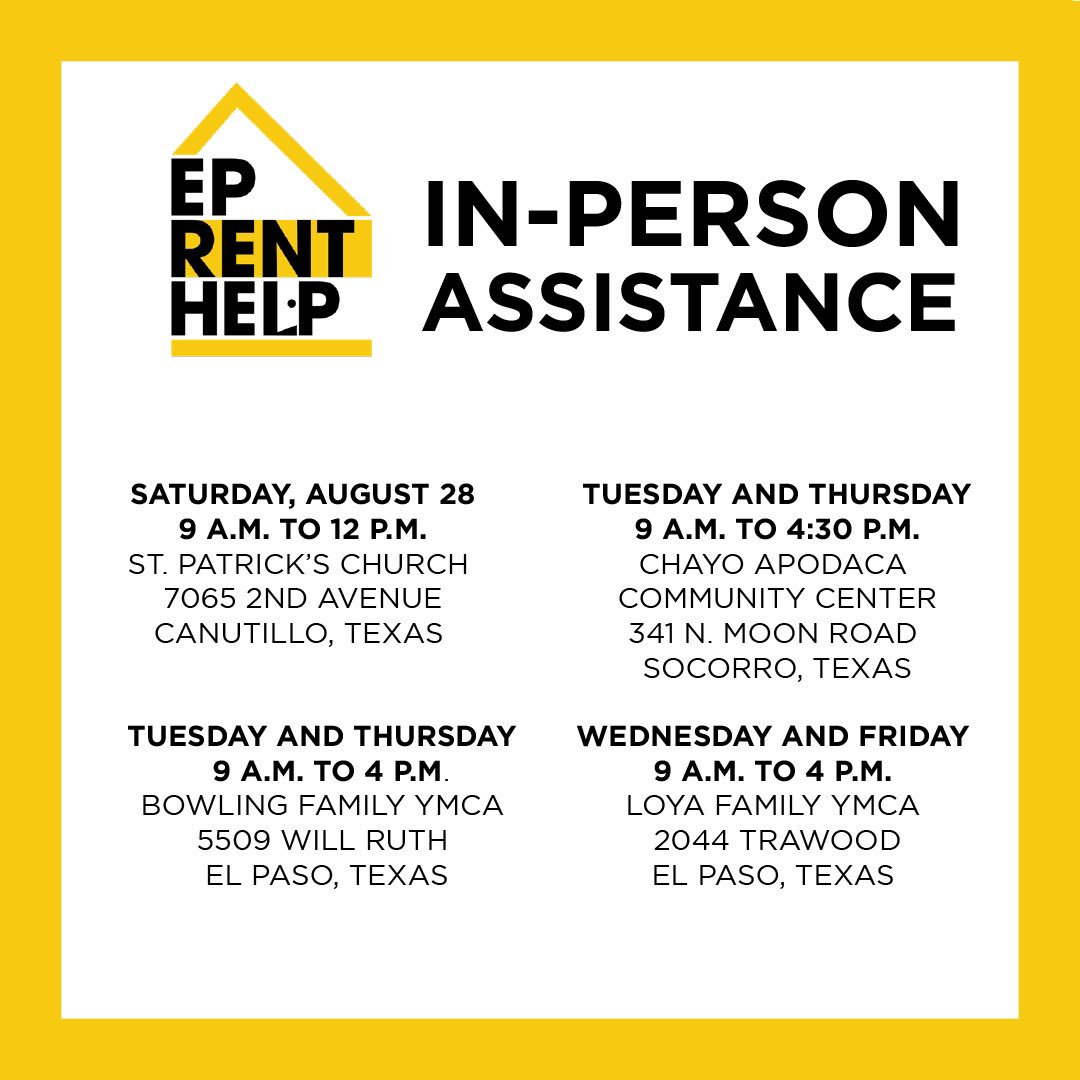 Do you need help paying for rent? You can get help applying for the EP Rent Help program tomorrow, from 9 a.m. to 12 p.m. at St. Patrick’s Church in Canutillo. Can’t make it out? In-person assistance will be available at the following locations below. eprenthelp.org