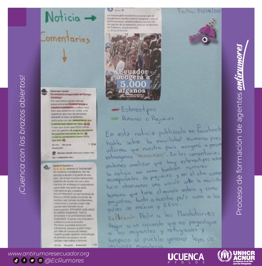 EcRumores's tweet photo. En el Proceso de Formación en Movilidad Humana , los participantes ponen en práctica los conocimiento aprendido en los talleres. Compartimos una de las tareas realizadas identificando falsos rumores, prejuicios y estereotipos en los comentarios de noticias en redes sociales. https://t.co/2ybib3MRRl