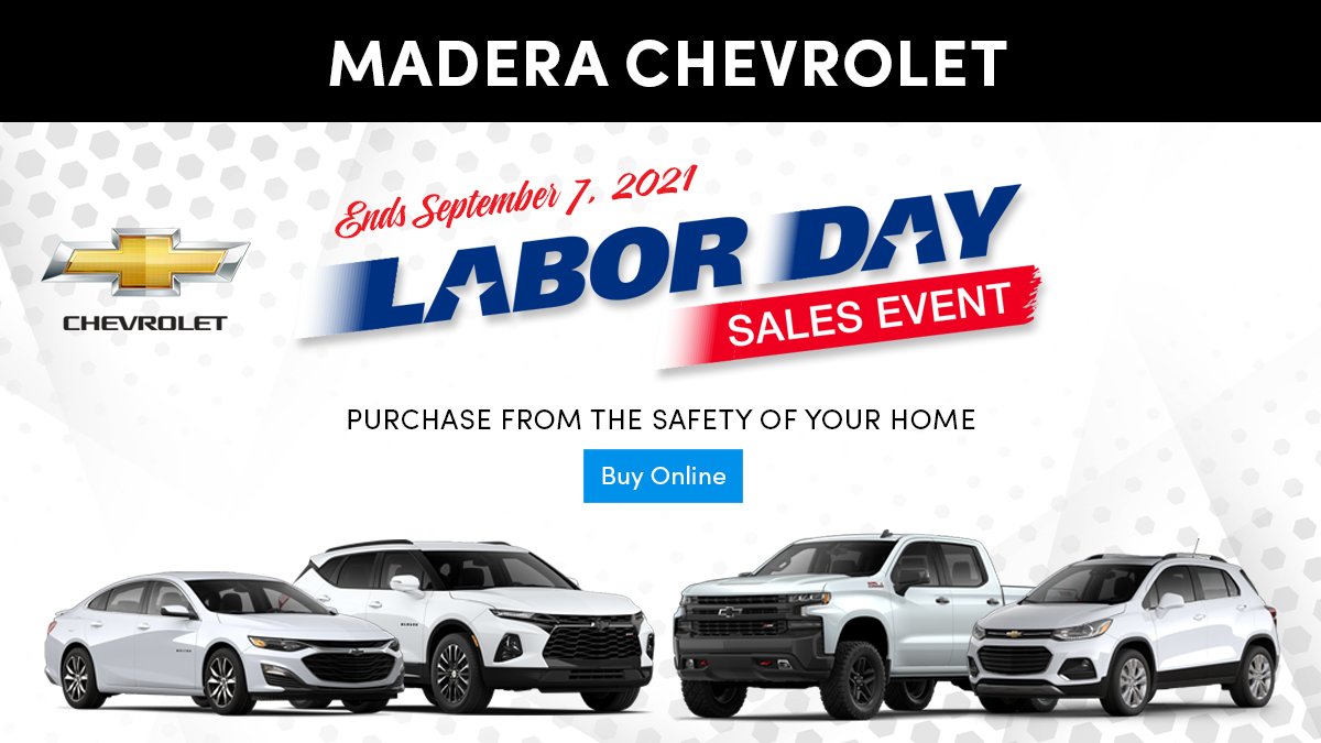 MaderaChevrolet's tweet photo. The Labor Day Sales Event is kicking off with amazing new Chevrolet &amp; Pre-owned deals now through September 7th! Check out the amazing deals before they are gone!

Shop now and BUY ONLINE: https://t.co/JPnOxs9GfR

Can't find what you're look for? Let us order it for you! https://t.co/6fAF2awvte