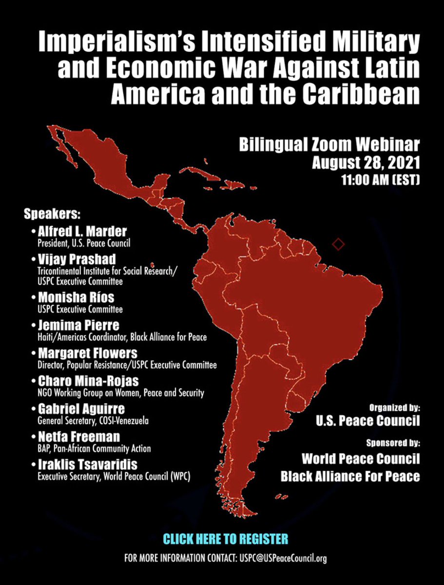 El COSI te invita al Webinar: "La intensificación de la guerra militar y económica del imperialismo contra américa latina y el caribe" 
Día: 28 de Agosto.
Hora: 11:00 a.m🇻🇪 
Organizado por: US Peace Council
Co-organizado: 
Consejo Mundial de la Paz-Alianza Negra para la Paz.