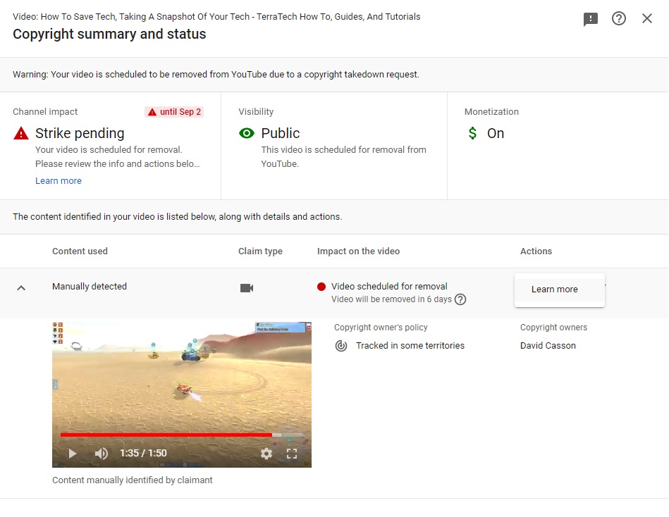 _MacGhriogair_'s tweet photo. @TeamYouTube How do I appeal this fraudulent copyright claim? I'm not given an option?

I have permission from the proper copyright's holder, @TerraTechGame, to upload and monetize videos on Youtube. https://t.co/tiKPZPgb9l