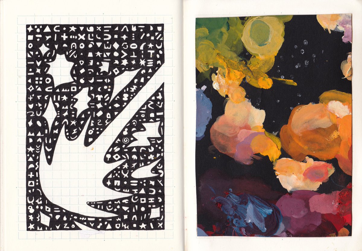 some recent spreads! one ink drawing, a paint palette, and some collages i made using some paintings/marbled paper i made when i was in high school! happy i saved them 🖍✨ 