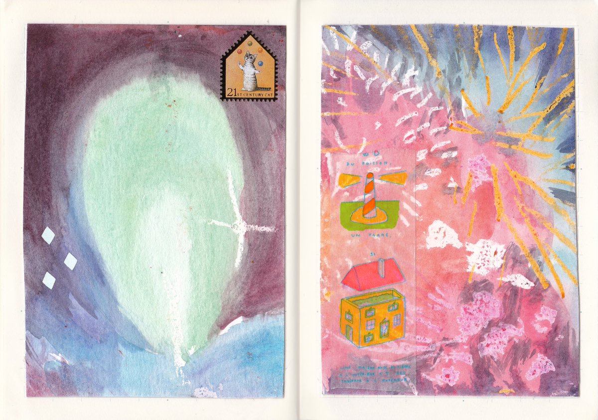 some recent spreads! one ink drawing, a paint palette, and some collages i made using some paintings/marbled paper i made when i was in high school! happy i saved them 🖍✨ 