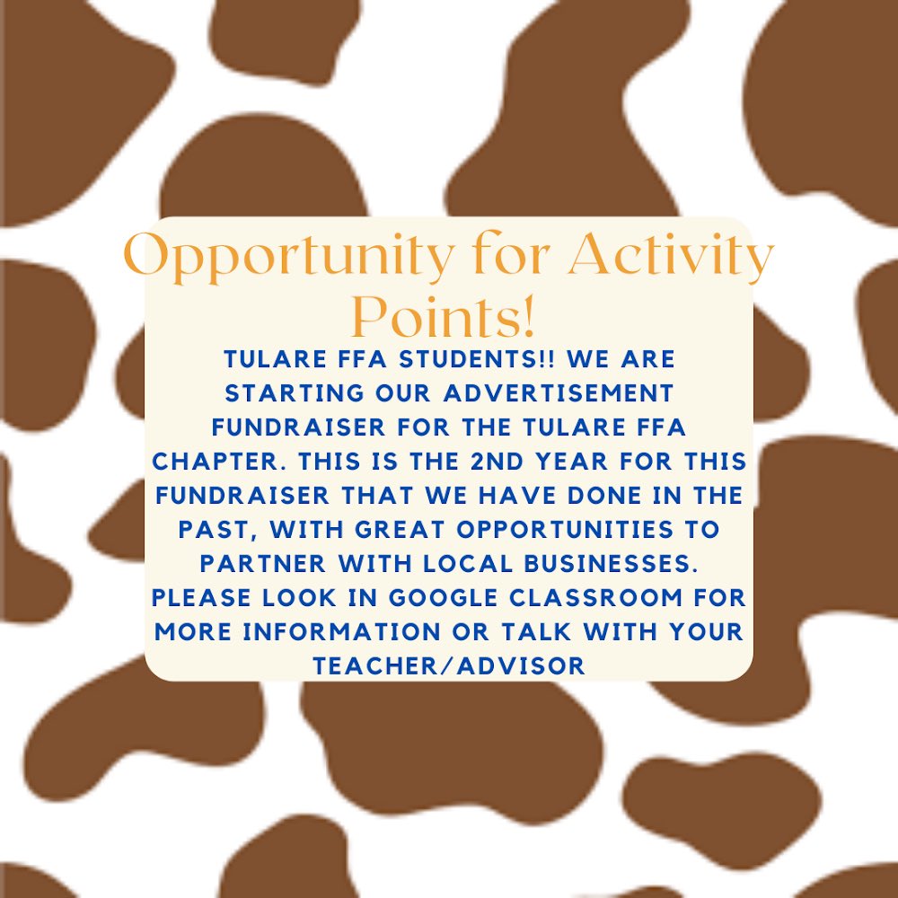 Want to be an official sponsor of Tulare FFA?? Find an Ag student for the form or send Mr. Mederos an email @ Mike.Mederos@tulare.k12.ca.us