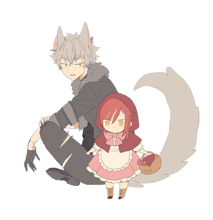 1girl animal ears 1boy wolf ears tail yellow eyes wolf tail  illustration images