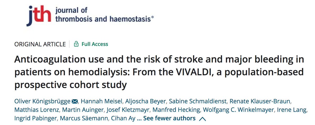 Anticoagulation in chronic kidney disease is challenging. 
Our VIVALDI study shows: 
-Pts with atrial fibrillation &amp; ESRD on hemodialysis are at⬆️thromboembolic risk
-VKA did not reduce risk, but increased bleeding
Effective&amp;safe treatment urgently needed!
onlinelibrary.wiley.com/doi/10.1111/jt…