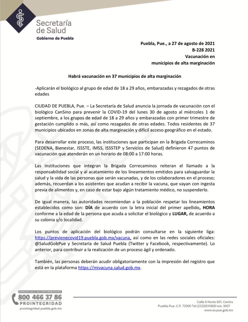 JCarlos_Valerio's tweet photo. #ATENCIÓN || Del 30 de agosto al 1 de septiembre, comenzará la #JornadaDeVacunación para personas de 18 años y más, así como rezagados de otras edades y mujeres embarazadas en 37 municipios de alta marginación en el estado de #Puebla (1/2) https://t.co/JRnx94pQp8