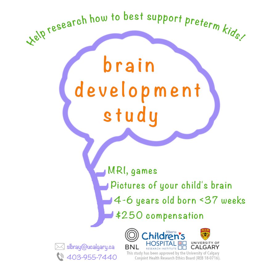 P3cohort's tweet photo. 🚨Interested in participating in research?🚨
Is your child 4-6 yrs old and born <37 wks?

The Bray Lab is studying brain development of children born preterm! Participation includes games, an IQ test, and MRI. You will be compensated. Email slbray@ucalgary.ca &amp; please share! https://t.co/YYeaWBHDoo