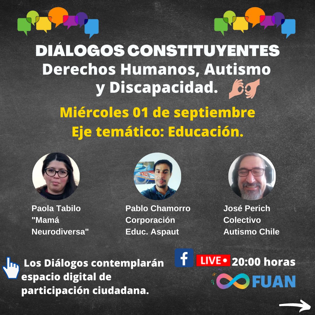 FuanFundacion's tweet photo. Continúa Ciclo de Diálogos Constituyentes sobre #Autismo #DDHH y Discapacidad organizados por #FUAN con participación de destacadas personas autistas, representantes de agrupaciones y abogadas expertas en DDHH y discapacidad https://t.co/YZQMgpUSv0 #TodxsDiferentesTodxsValiosxs https://t.co/mdo2jc4oed