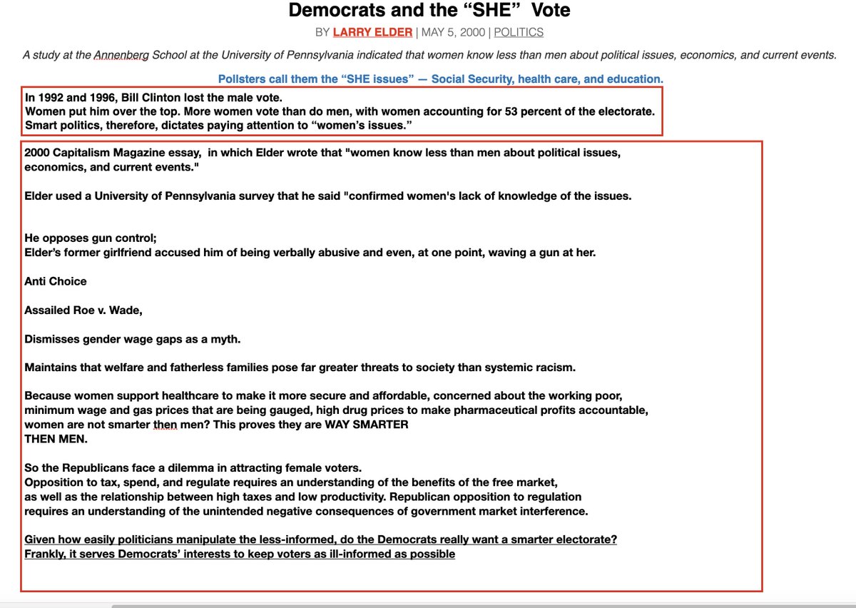Zoe_StopTheHate's tweet photo. #LarryElder is a raging misogynist, anti choice, anti healthcare, safety, women, think women are inferior to men, women should be kept uniformed so he can get their vote. Conveniently endorses an acronym the #SHEVote that he wrote an essay on in 2000 depicting women as fools. https://t.co/SncB6sAAW0