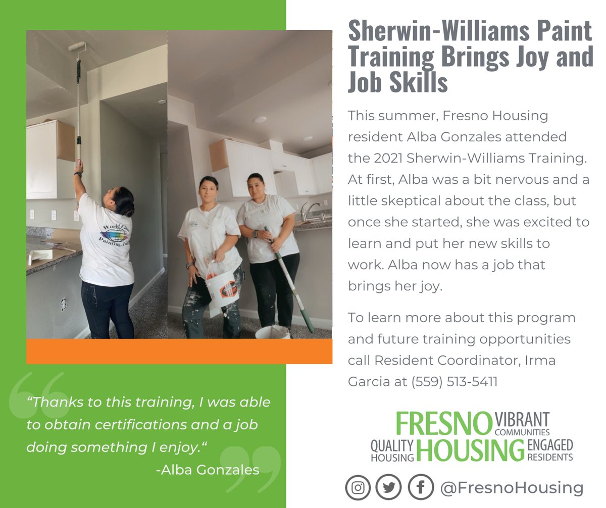 FresnoHousing's tweet photo. RESIDENT PROFILE: @SherwinWilliams Paint Training Brings Joy and Job Skills.
#ResidentProfile https://t.co/oQwa2iTW7L