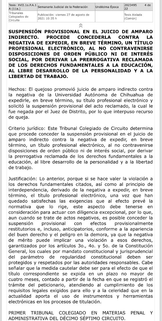 veroosornio's tweet photo. El quejoso promovió #juiciodeamparo vs la negativa de la Universidad Autónoma de Chihuahua de expedirle, en breve término, su título profesional electrónico y solicitó la suspensión provisional del acto, la cual le fue negada, por lo q interpuso queja. Aquí el desenlace👇🏻 https://t.co/b4eFsfjbcu