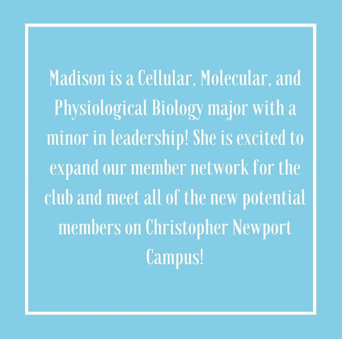 CNU_BioClub's tweet photo. Member Introductions for the New Executive Board members of the CNU Biology club 🤩🌿 1st Is Madison Hodges https://t.co/K4GOVeluE4