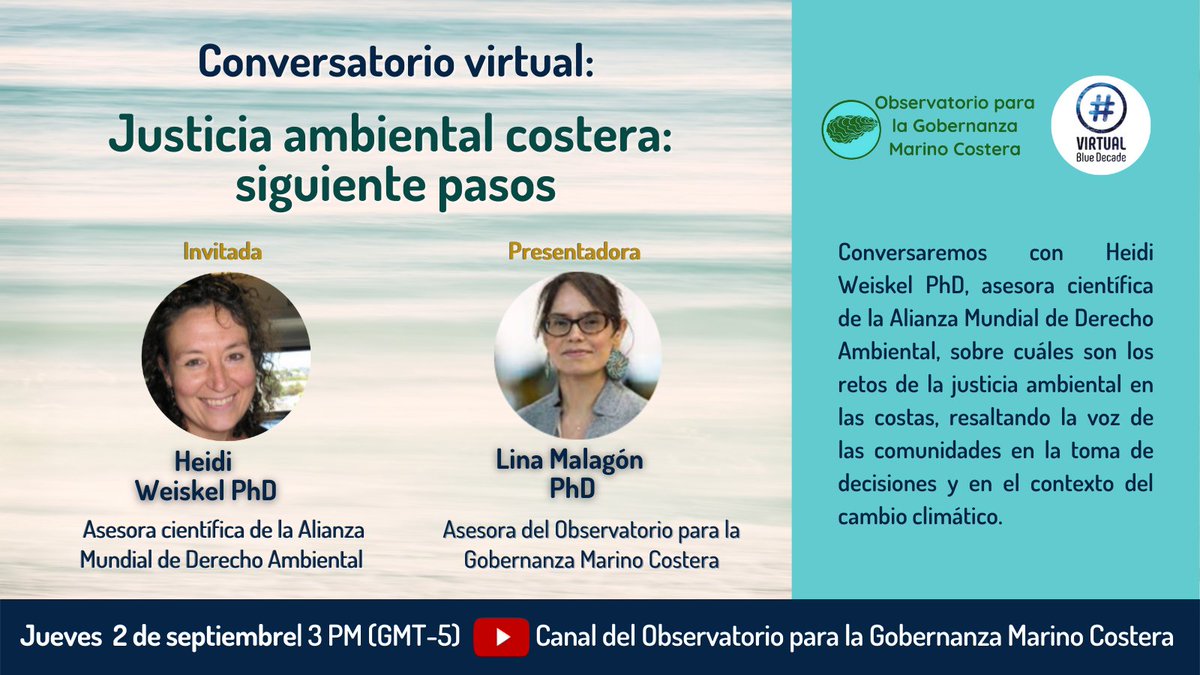 CJusticiaMarina's tweet photo. #Agéndate Conversatorio virtual "Justicia ambiental costera: siguientes pasos" Con Heidi Weiskel PhD como invitada y Lina Malagón PhD como presentadora
🗓️Jueves 2 de septiembre, 3 pm (Hora Colombia, GMT-5)
#ODS14 #accionclimatica @cambioclimático #justiciaambiental #océanos https://t.co/ifdbxscybl