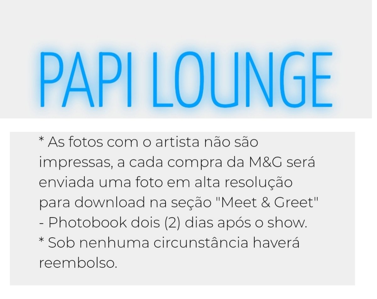CentralMalumaBr's tweet photo. Para acessar #PapiLounge é necessário ter o ingresso do show. 

👉 São 2 eventos independentes.
* A foto é individual. Cada passe M&amp;G é equivalente a uma pessoa, menor ou maior de idade.

Você só poderá participar  dessa etapa se já tiver o ingresso do show, é um pré-requisito. https://t.co/yaNox1NwxS